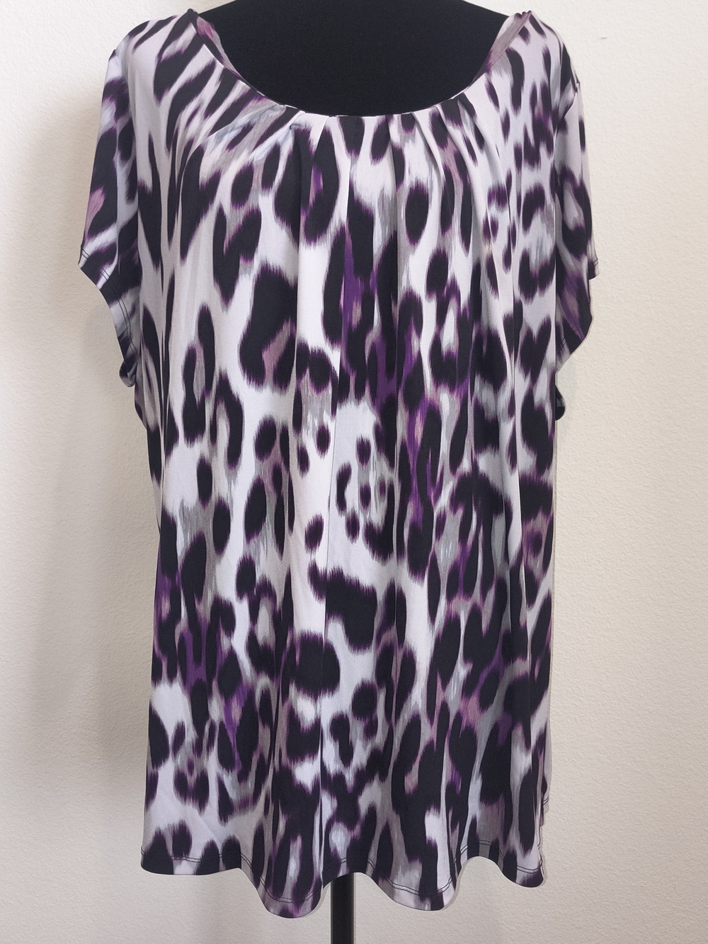 Worthington Purple and Black Animal-Print Scoop Neck Blouse 3X